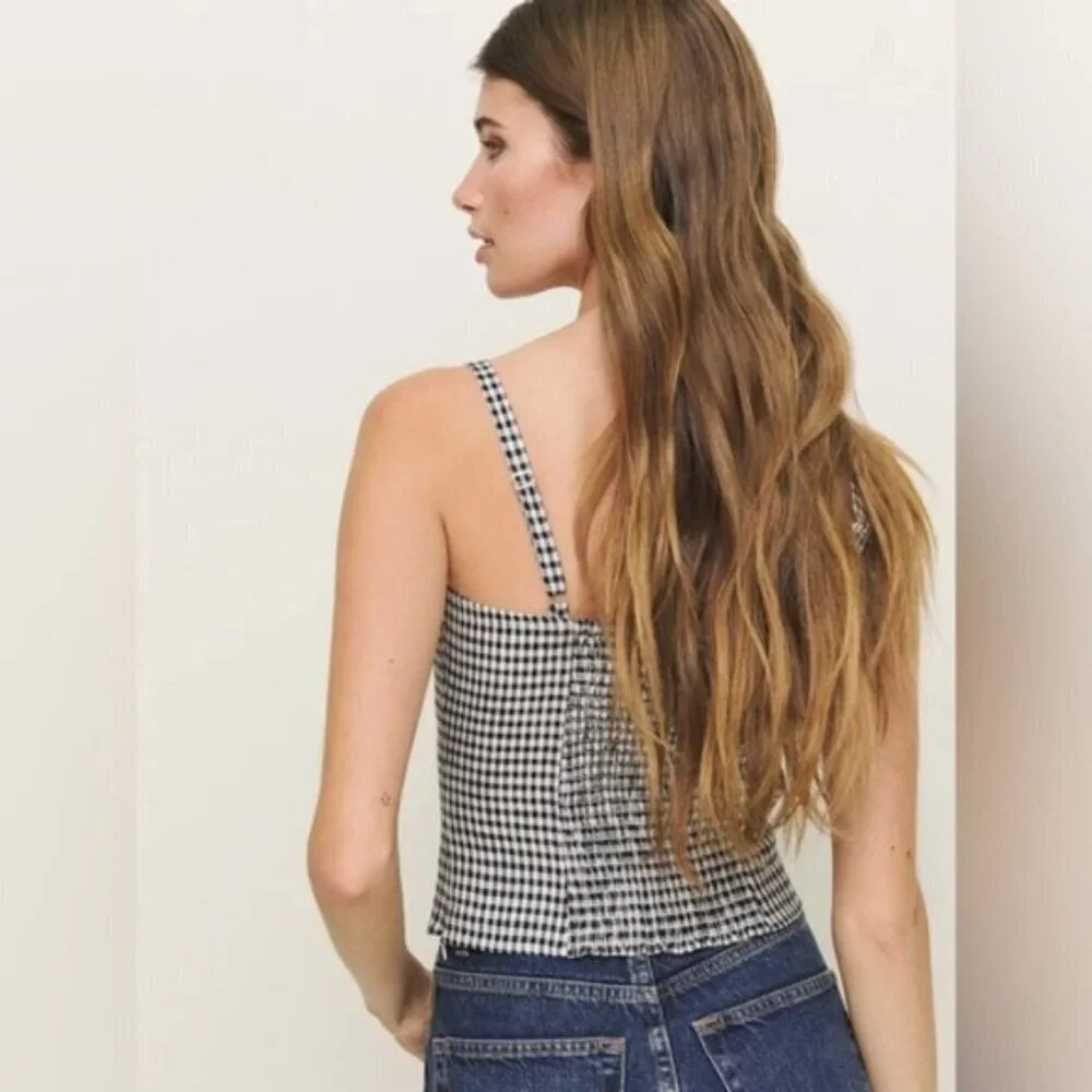 NEW Reformation Hattie Linen Top in Black and White Remy Check | size US 0 - Picture 4 of 13